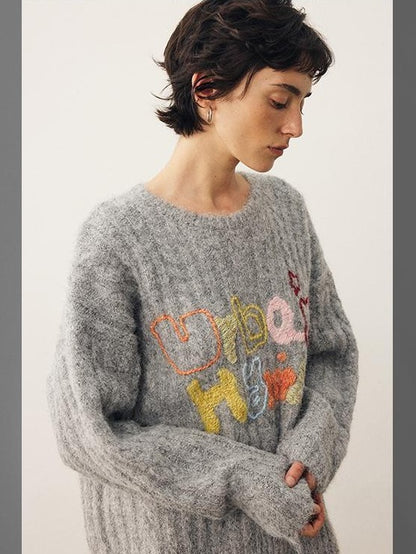 DIDDI MODA Embroidered Letter Loose Fit Round Neck Women&