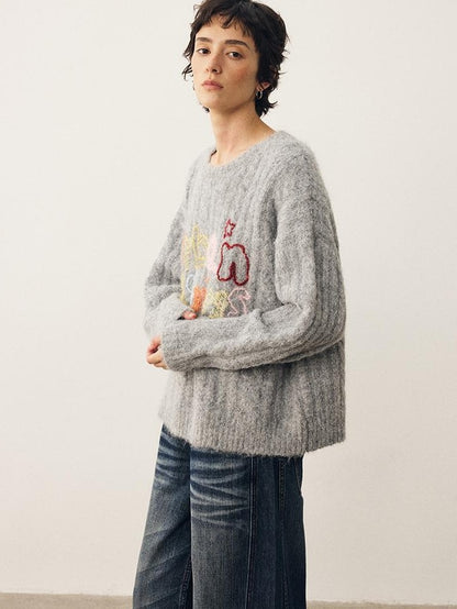 DIDDI MODA Embroidered Letter Loose Fit Round Neck Women&