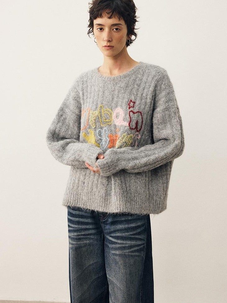 DIDDI MODA Embroidered Letter Loose Fit Round Neck Women&