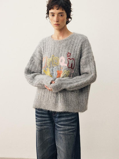 DIDDI MODA Embroidered Letter Loose Fit Round Neck Women&