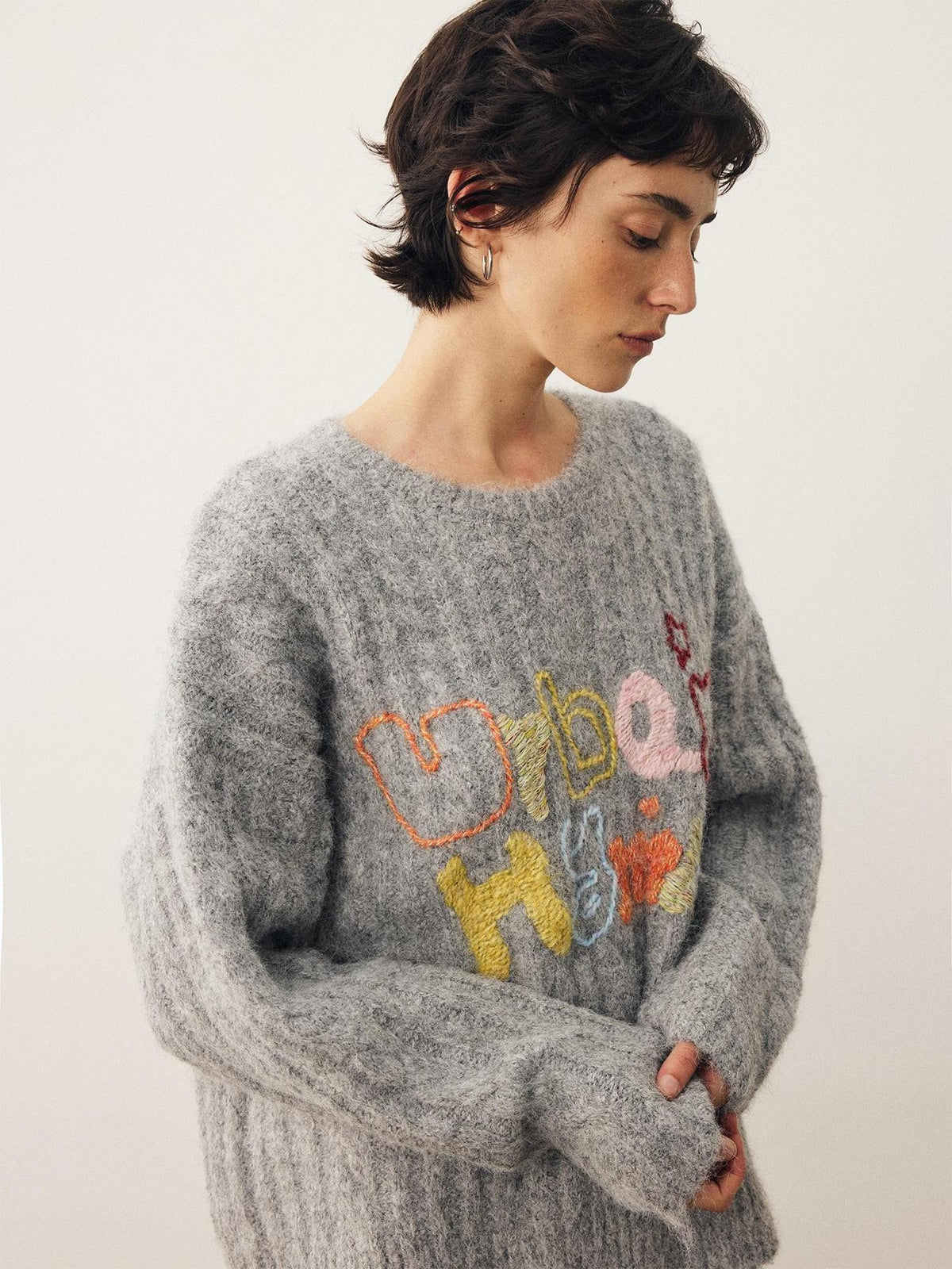 DIDDI MODA Embroidered Letter Loose Fit Round Neck Women&