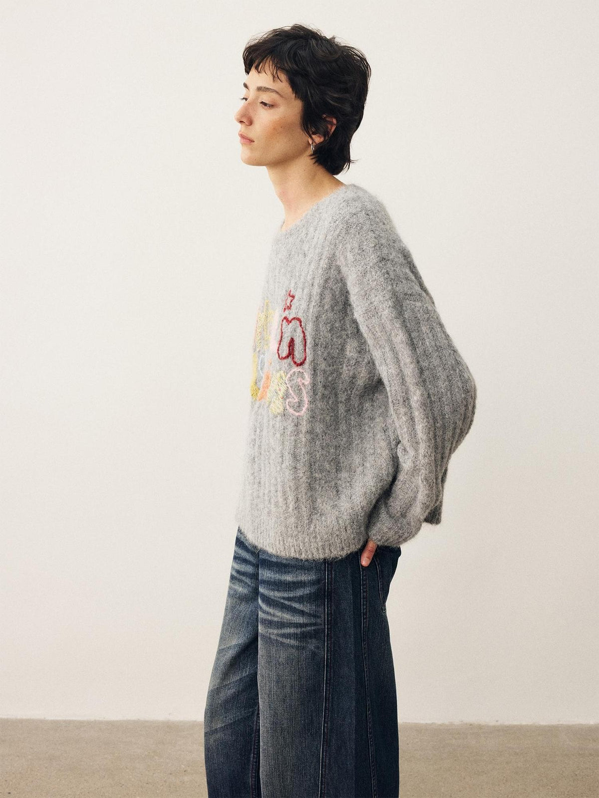 DIDDI MODA Embroidered Letter Loose Fit Round Neck Women&