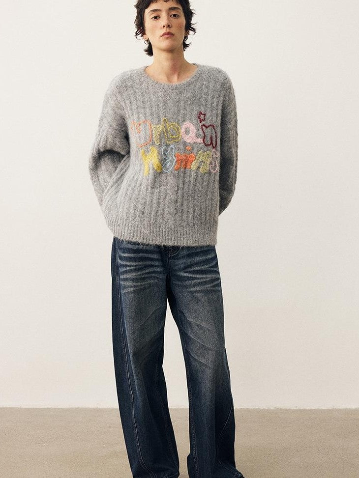 DIDDI MODA Embroidered Letter Loose Fit Round Neck Women&