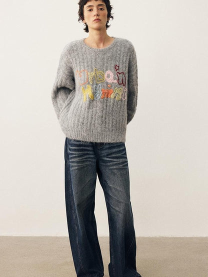 DIDDI MODA Embroidered Letter Loose Fit Round Neck Women&