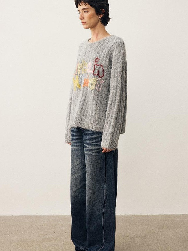 DIDDI MODA Embroidered Letter Loose Fit Round Neck Women&
