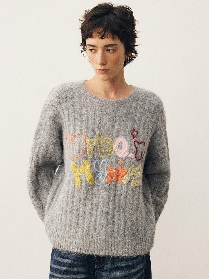 DIDDI MODA Embroidered Letter Loose Fit Round Neck Women&