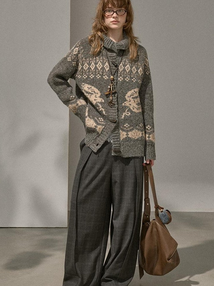 DIDDI MODA Fair Isle Bird Toggle Closure Oversized Knitted Women&