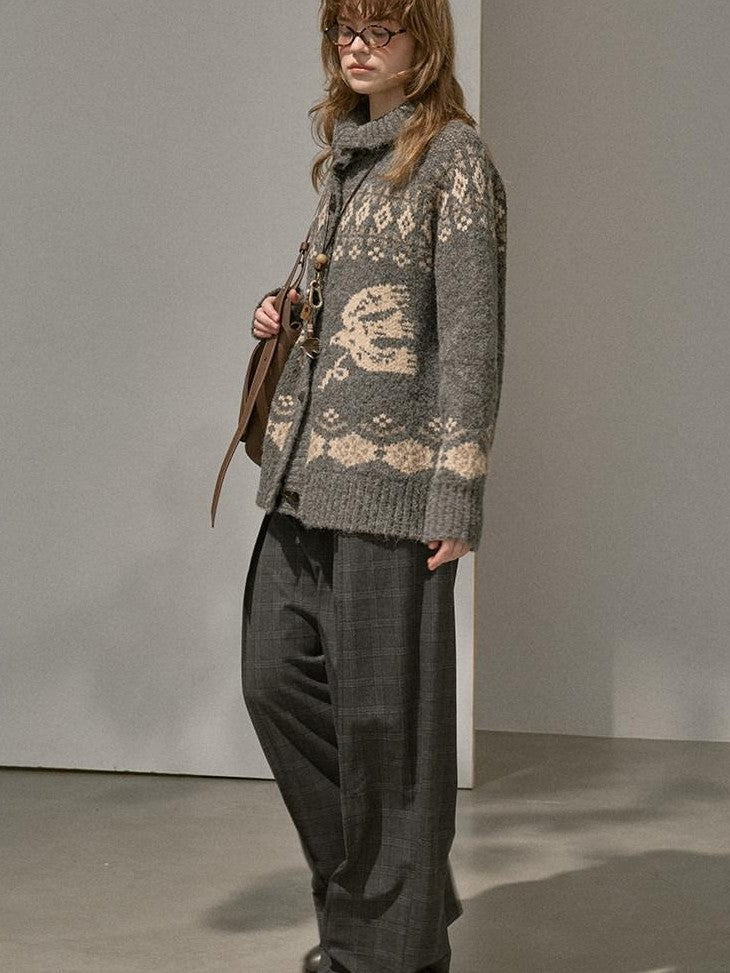 DIDDI MODA Fair Isle Bird Toggle Closure Oversized Knitted Women&