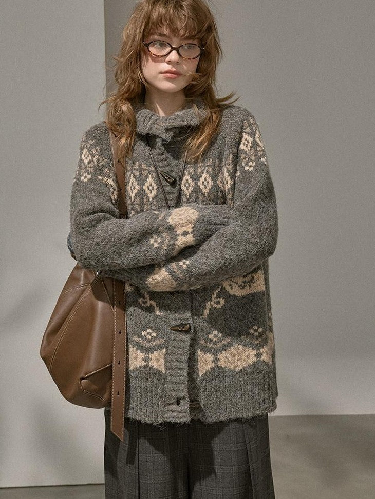 DIDDI MODA Fair Isle Bird Toggle Closure Oversized Knitted Women&