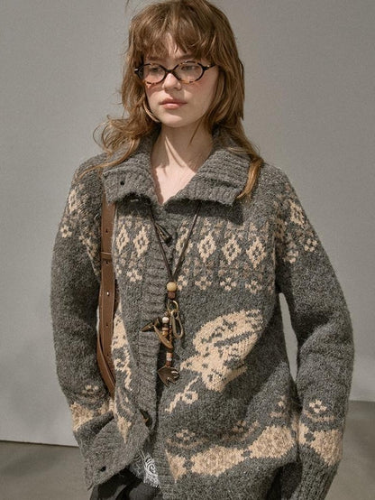 DIDDI MODA Fair Isle Bird Toggle Closure Oversized Knitted Women&