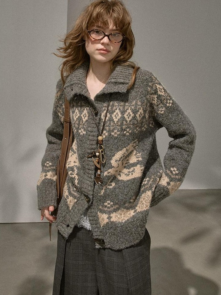 DIDDI MODA Fair Isle Bird Toggle Closure Oversized Knitted Women&