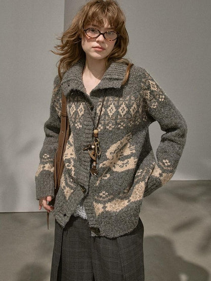 DIDDI MODA Fair Isle Bird Toggle Closure Oversized Knitted Women&