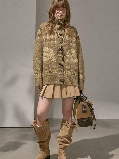 DIDDI MODA Fair Isle Bird Toggle Closure Oversized Knitted Women&