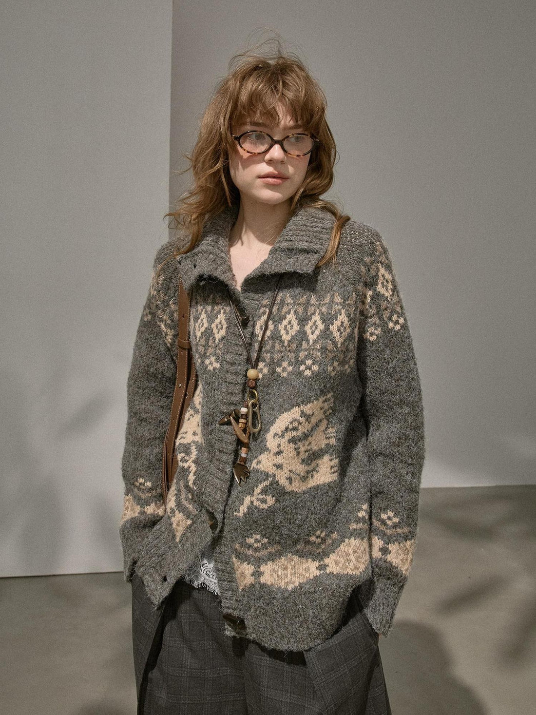 DIDDI MODA Fair Isle Bird Toggle Closure Oversized Knitted Women&