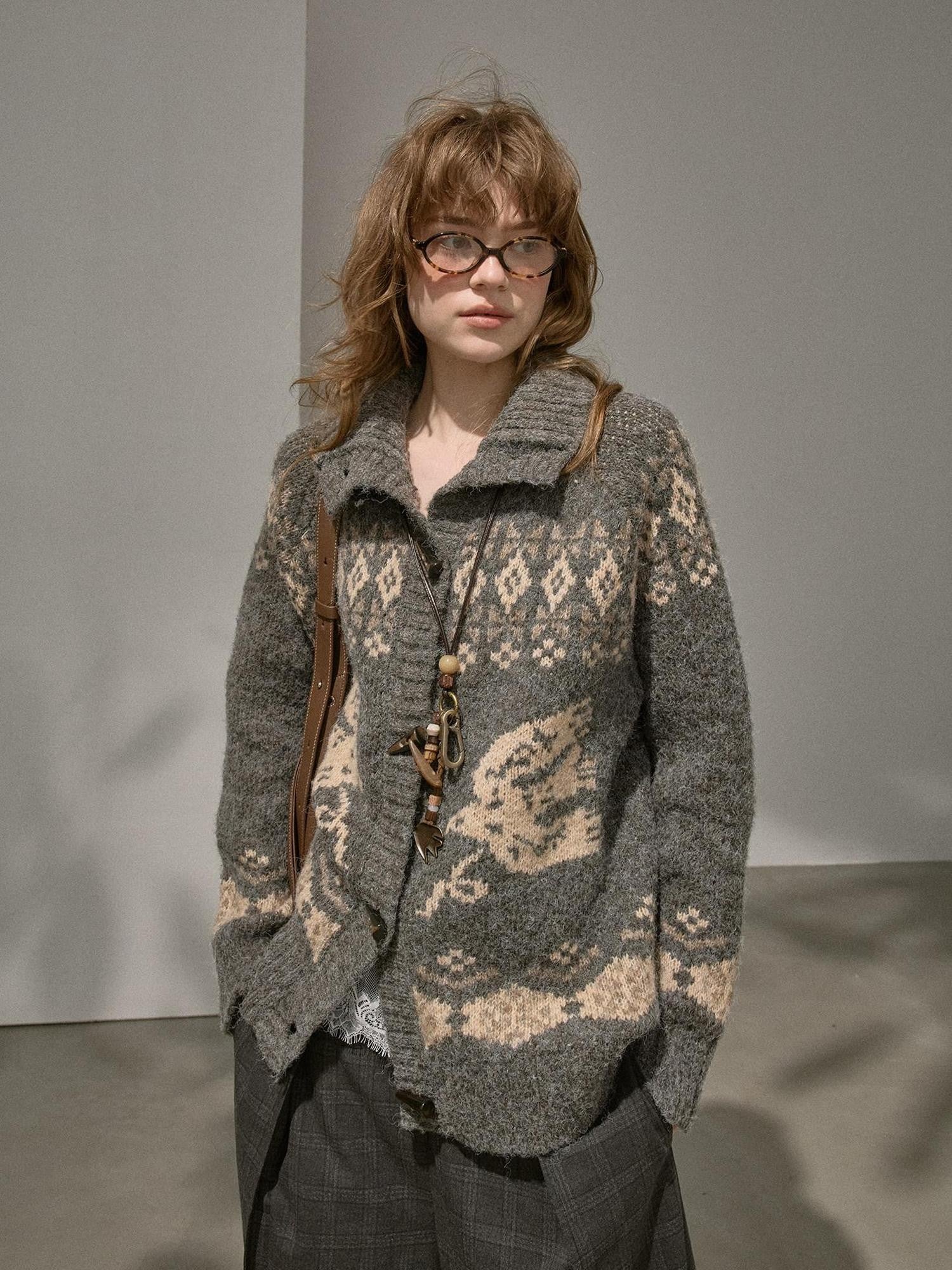 DIDDI MODA Fair Isle Bird Toggle Closure Oversized Knitted Women&
