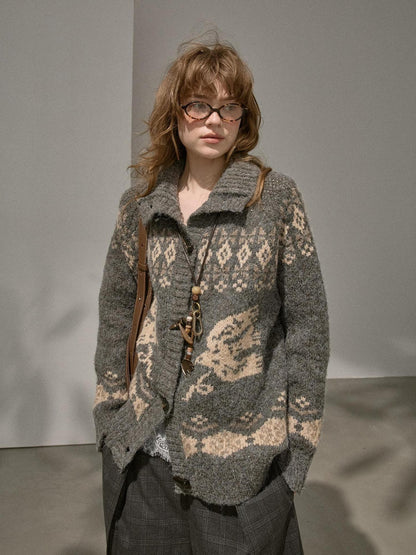 DIDDI MODA Fair Isle Bird Toggle Closure Oversized Knitted Women&