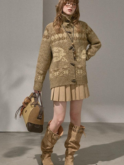 DIDDI MODA Fair Isle Bird Toggle Closure Oversized Knitted Women&