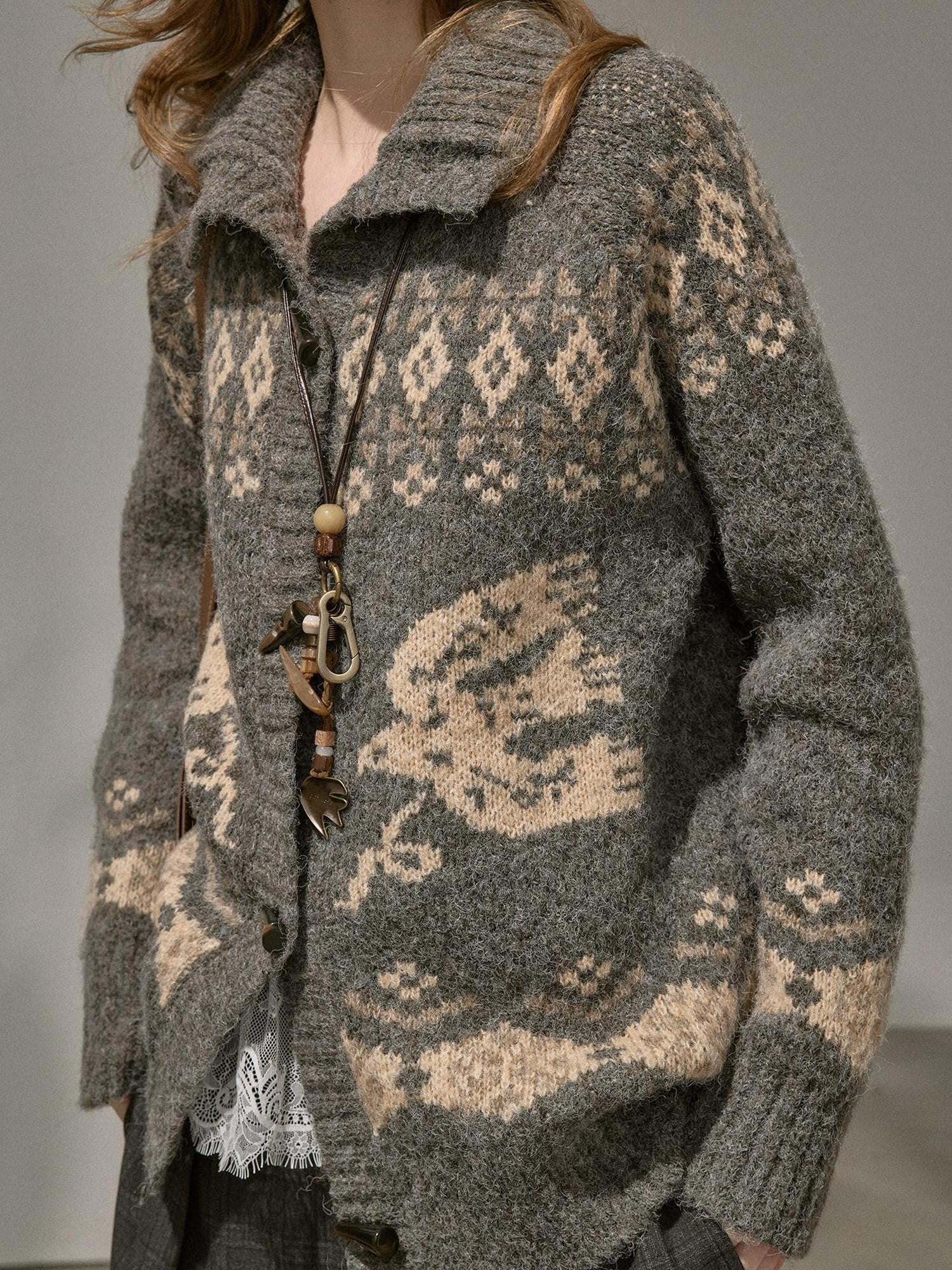 DIDDI MODA Fair Isle Bird Toggle Closure Oversized Knitted Women&