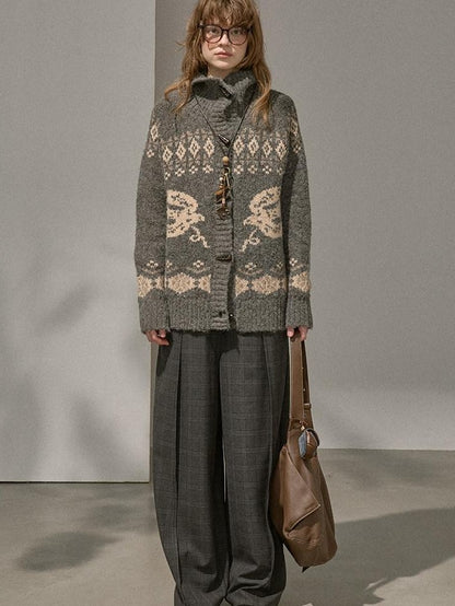 DIDDI MODA Fair Isle Bird Toggle Closure Oversized Knitted Women&