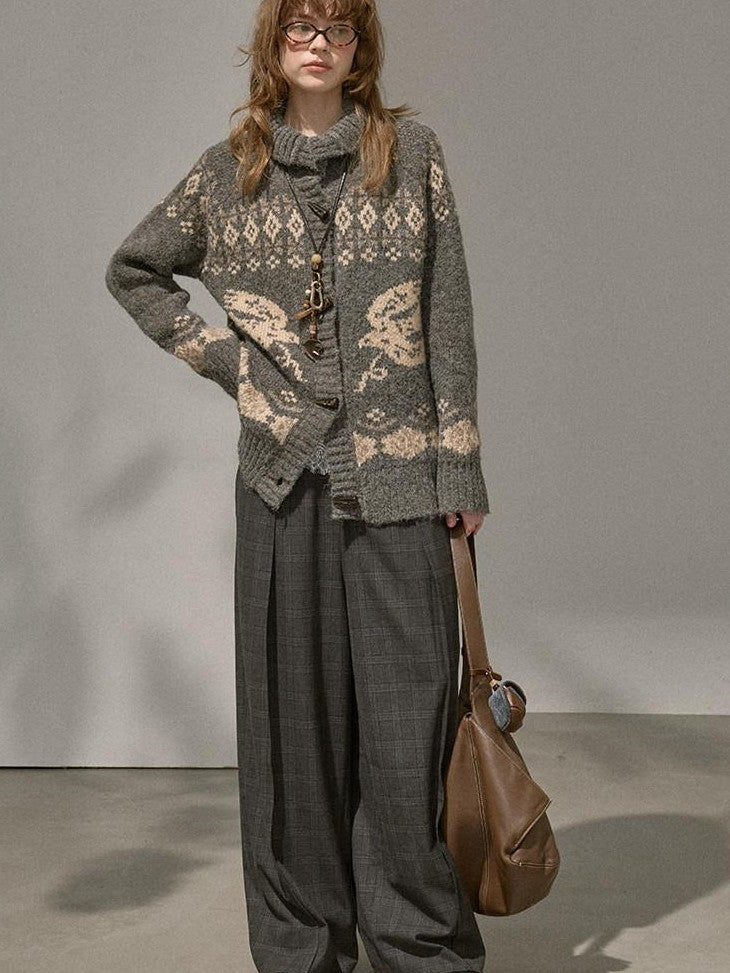 DIDDI MODA Fair Isle Bird Toggle Closure Oversized Knitted Women&