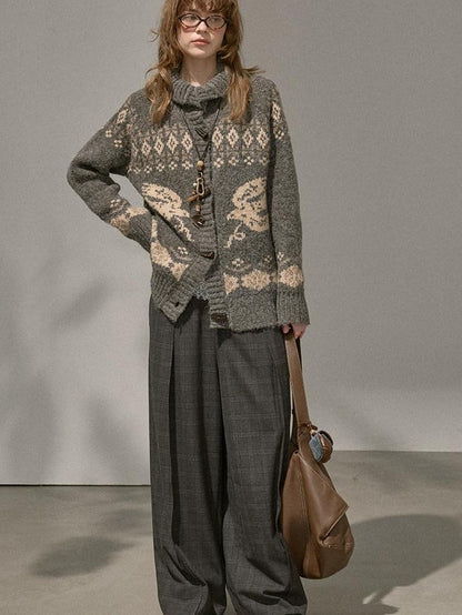 DIDDI MODA Fair Isle Bird Toggle Closure Oversized Knitted Women&