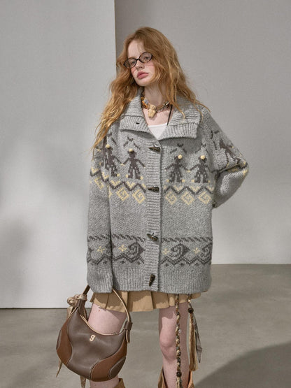 DIDDI MODA Fair Isle Dancing Figure Faux Horn Button Women&