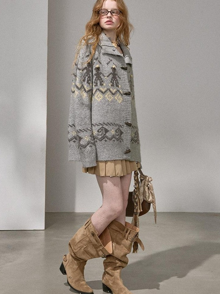 DIDDI MODA Fair Isle Dancing Figure Faux Horn Button Women&