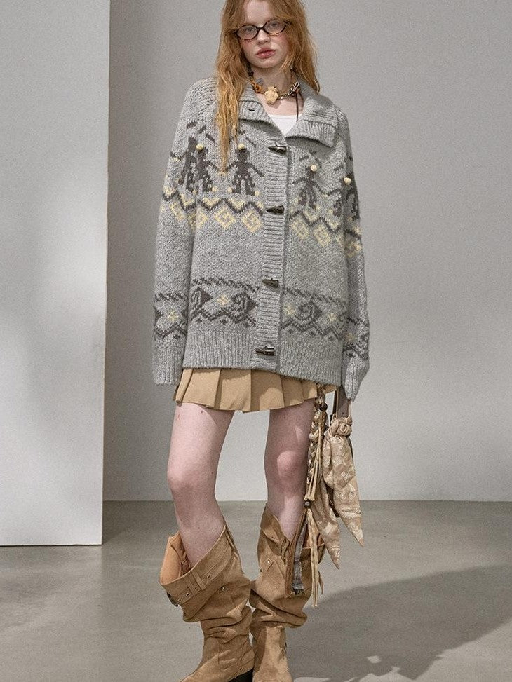 DIDDI MODA Fair Isle Dancing Figure Faux Horn Button Women&