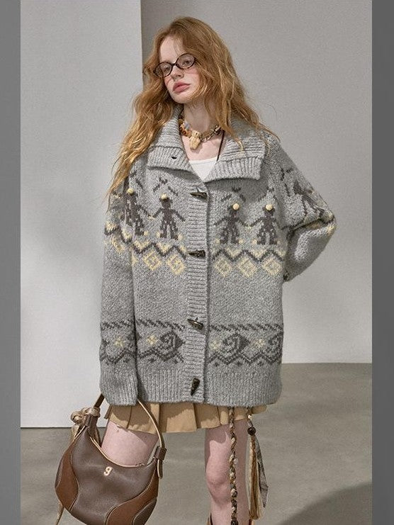DIDDI MODA Fair Isle Dancing Figure Faux Horn Button Women&