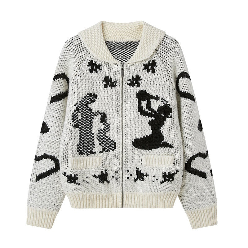 DIDDI_MODA_Fair_Isle_Jacquard_Embroidered_Knit_V-neck_Zipper_Women&