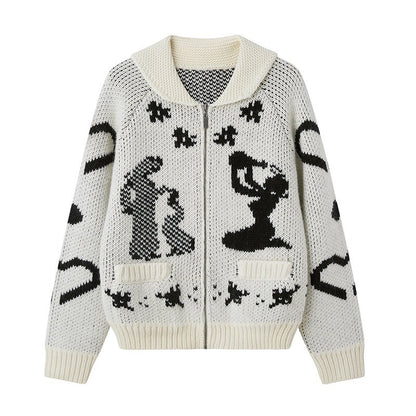 DIDDI_MODA_Fair_Isle_Jacquard_Embroidered_Knit_V-neck_Zipper_Women&