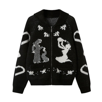 DIDDI_MODA_Fair_Isle_Jacquard_Embroidered_Knit_V-neck_Zipper_Women&