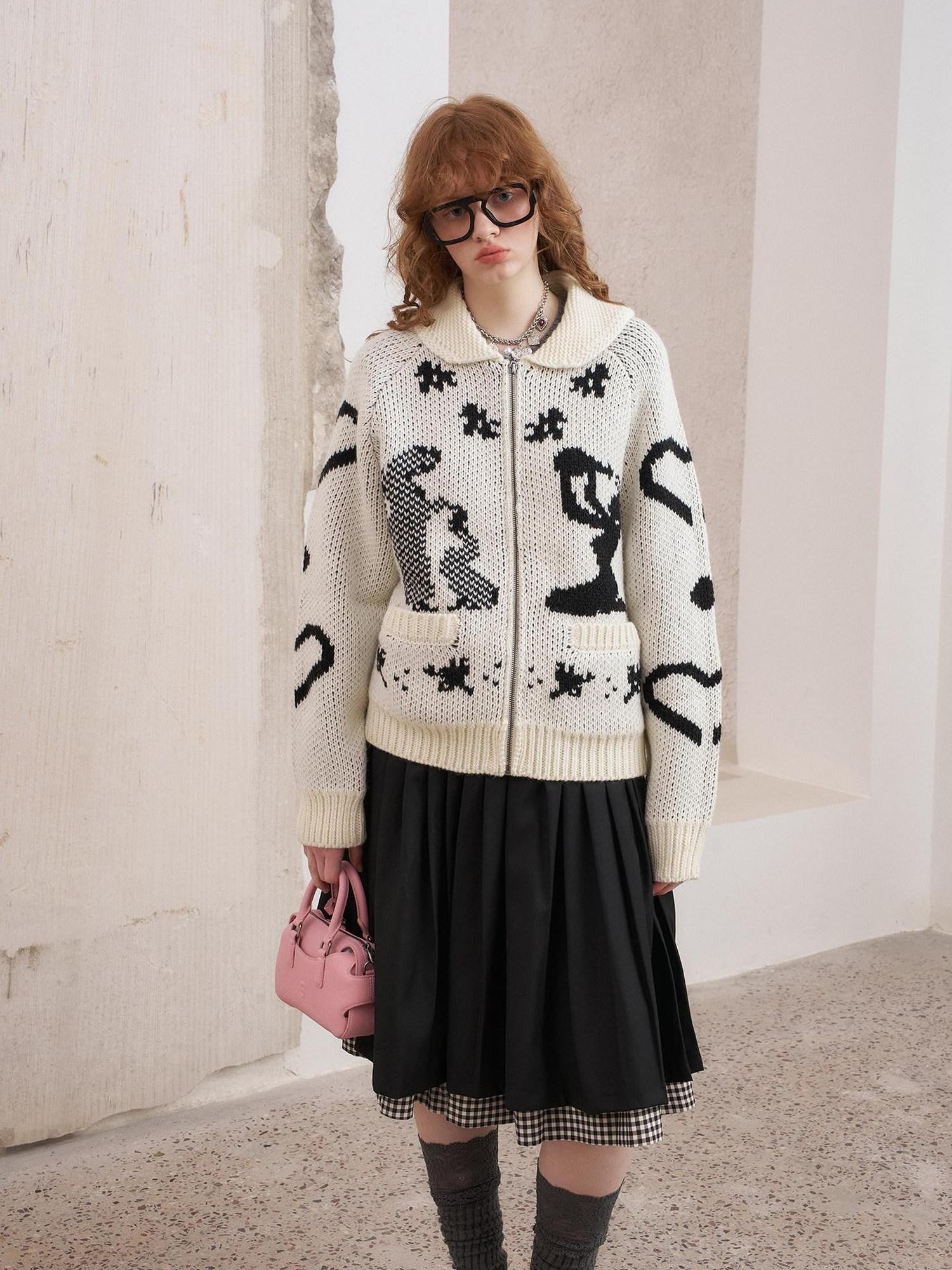 DIDDI MODA Fair Isle Jacquard Embroidered Knit V-neck Zipper Women&