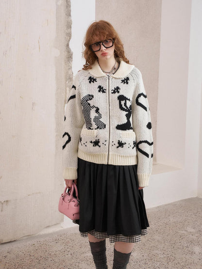 DIDDI MODA Fair Isle Jacquard Embroidered Knit V-neck Zipper Women&