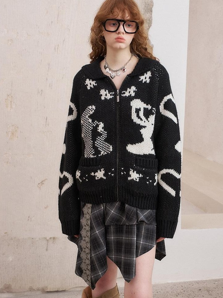 DIDDI MODA Fair Isle Jacquard Embroidered Knit V-neck Zipper Women&