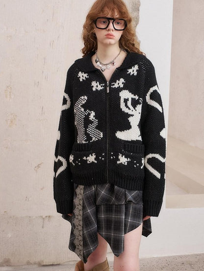 DIDDI MODA Fair Isle Jacquard Embroidered Knit V-neck Zipper Women&