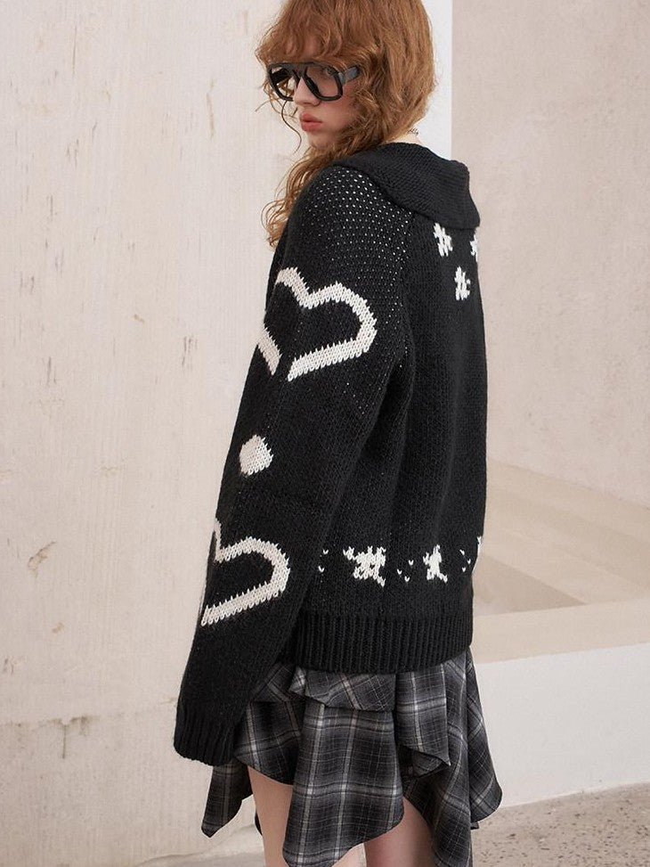 DIDDI MODA Fair Isle Jacquard Embroidered Knit V-neck Zipper Women&