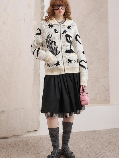 DIDDI MODA Fair Isle Jacquard Embroidered Knit V-neck Zipper Women&