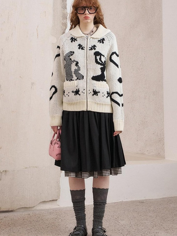 DIDDI MODA Fair Isle Jacquard Embroidered Knit V-neck Zipper Women&