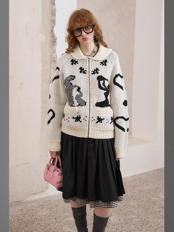 DIDDI MODA Fair Isle Jacquard Embroidered Knit V-neck Zipper Women&