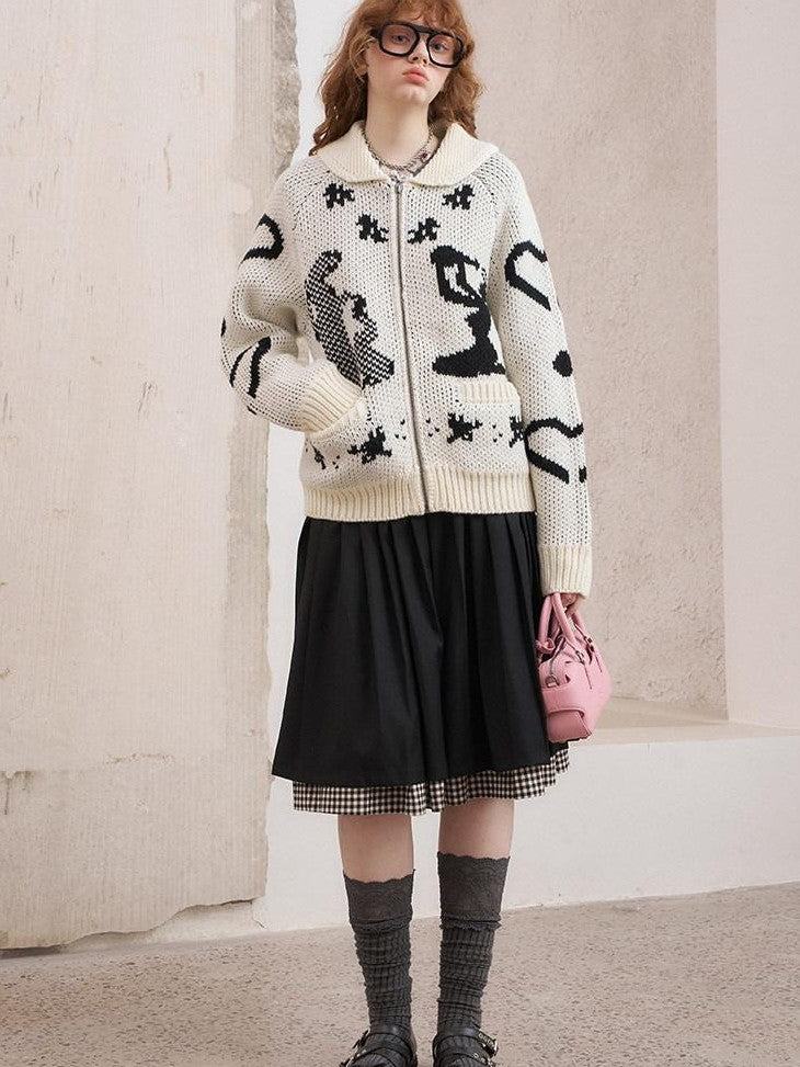 DIDDI MODA Fair Isle Jacquard Embroidered Knit V-neck Zipper Women&