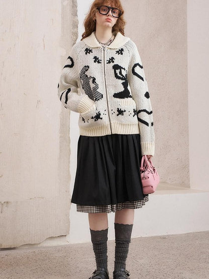 DIDDI MODA Fair Isle Jacquard Embroidered Knit V-neck Zipper Women&