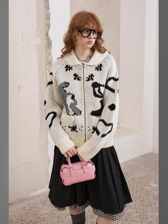 DIDDI MODA Fair Isle Jacquard Embroidered Knit V-neck Zipper Women&