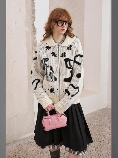 DIDDI MODA Fair Isle Jacquard Embroidered Knit V-neck Zipper Women&