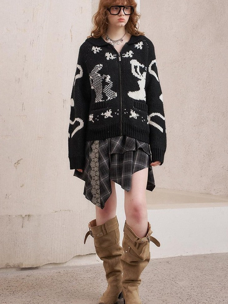 DIDDI MODA Fair Isle Jacquard Embroidered Knit V-neck Zipper Women&