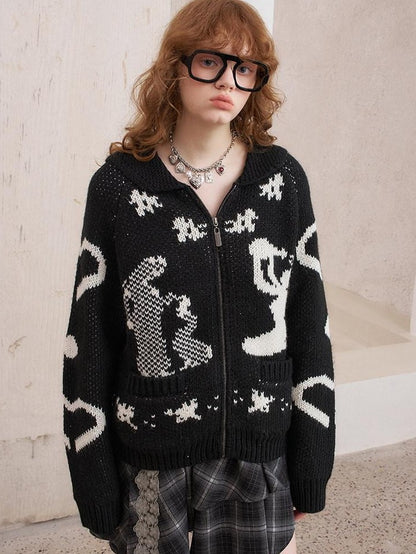 DIDDI MODA Fair Isle Jacquard Embroidered Knit V-neck Zipper Women&