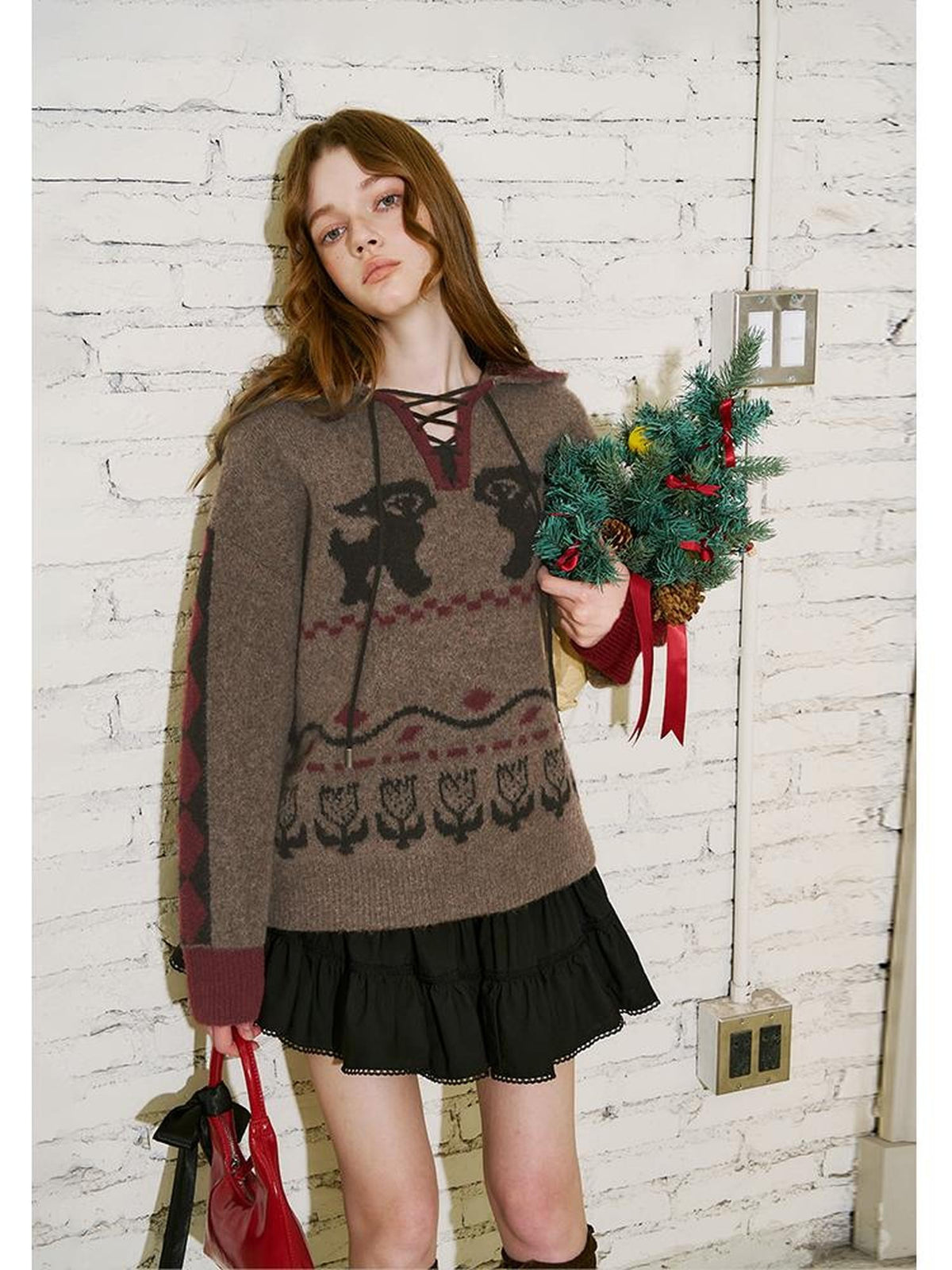 DIDDI MODA Fair Isle Pattern Hooded Pullover Knit Women&