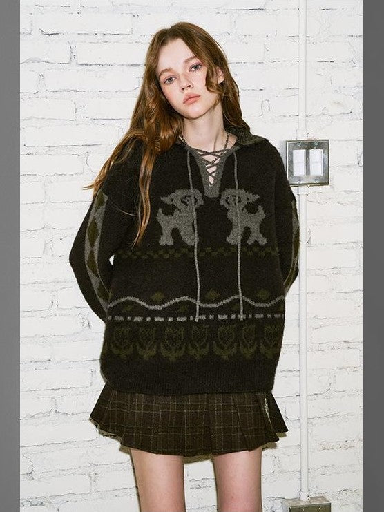 DIDDI MODA Fair Isle Pattern Hooded Pullover Knit Women&