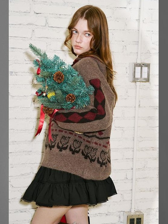 DIDDI MODA Fair Isle Pattern Hooded Pullover Knit Women&