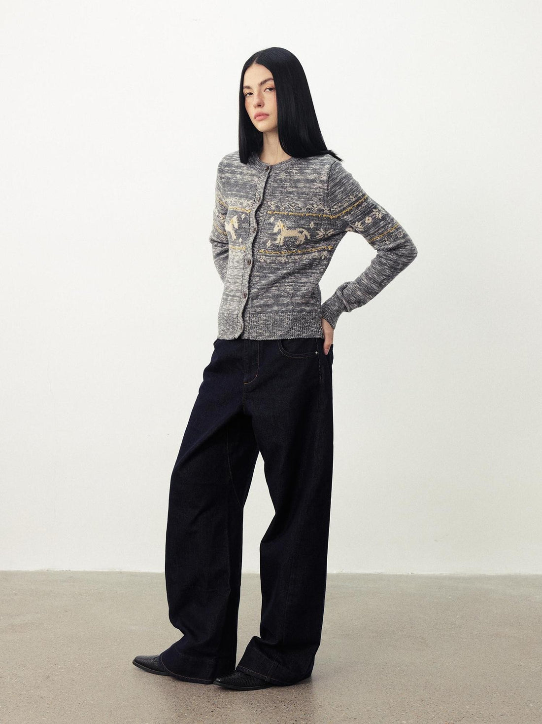 DIDDI MODA Fair Isle Pony Print Cropped Loose Women&